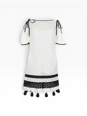 MONSE White Eyelet Mini Dress with Black Trim and Tassels